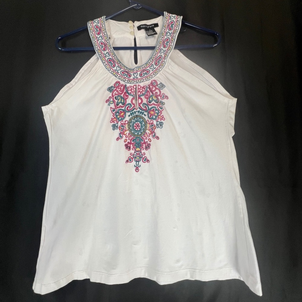 Ava & Grace White Embroidered Halter Top Boho Keyhole Neck Tank Large